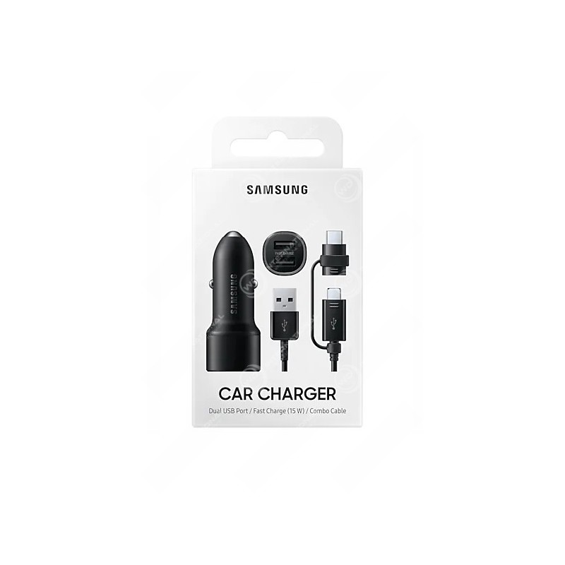 Double Chargeur Voiture 30W (15+15W) Samsung avec Câble USB A/Micro USB & USB C Noir